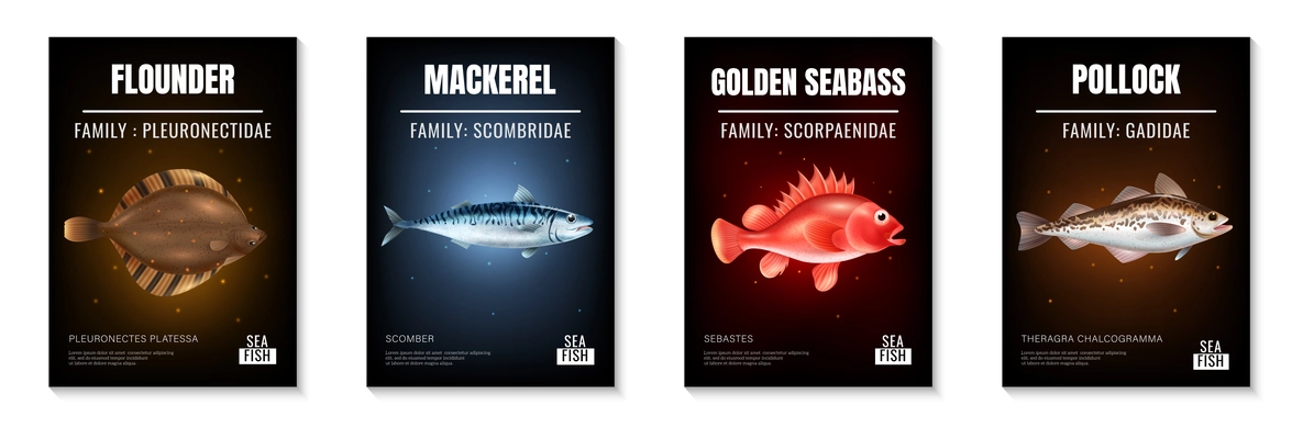 Sea fish realistic poster set with different species symbols isolated vector illustration