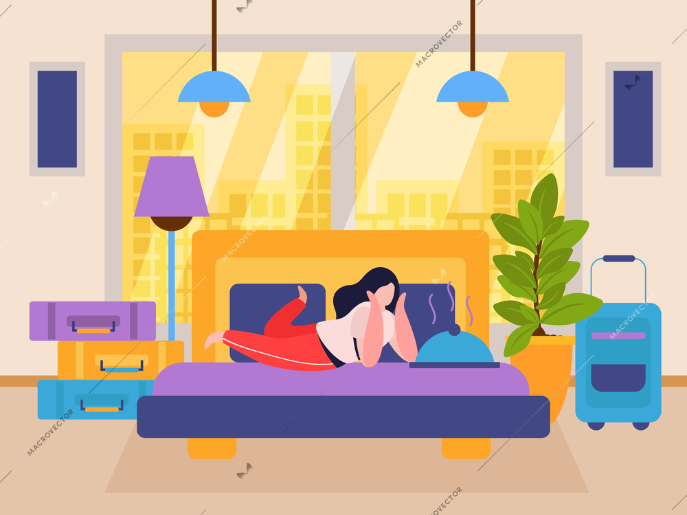 Hostel and tourists flat background with woman lying on bed in hotel room and getting ready have dinner vector illustration