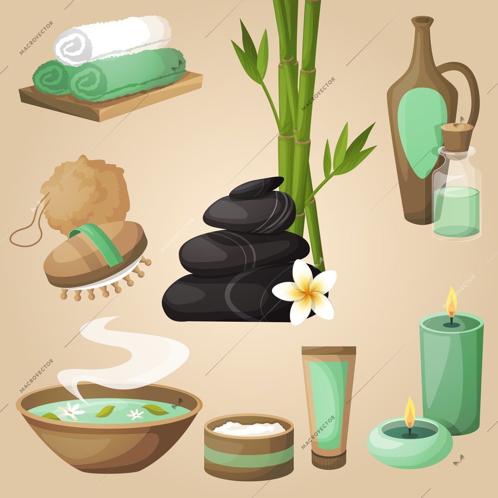 Spa healthcare salon therapy relax natural products beauty care icons set isolated vector illustration