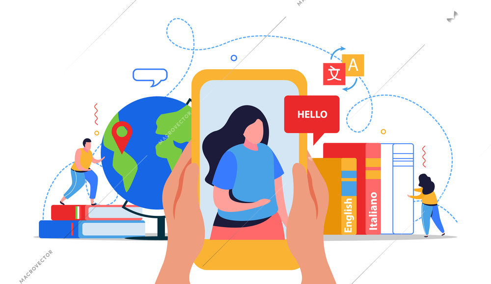 Online language school flat design concept with woman on smartphone screen says hello to her interlocutor vector illustration