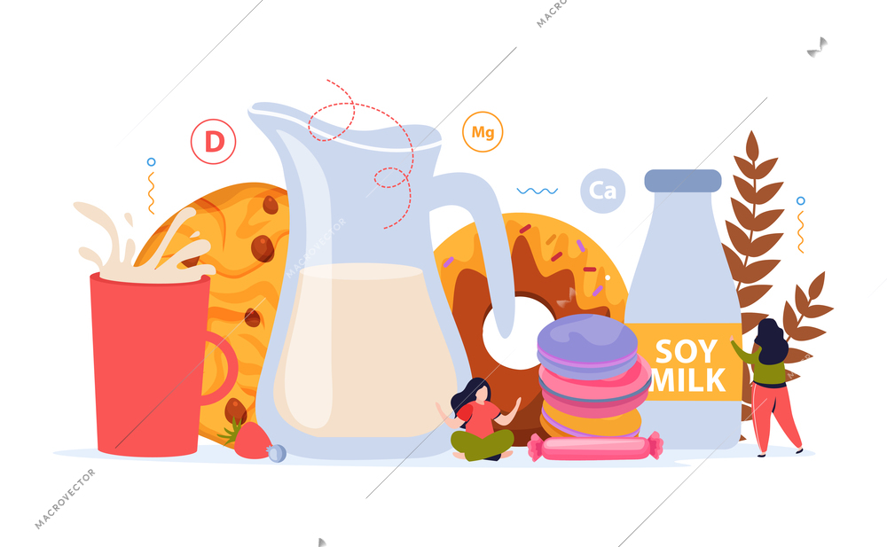 Milk usage flat background with bakery products bottle of soy milk and jug of cow milk vector illustration