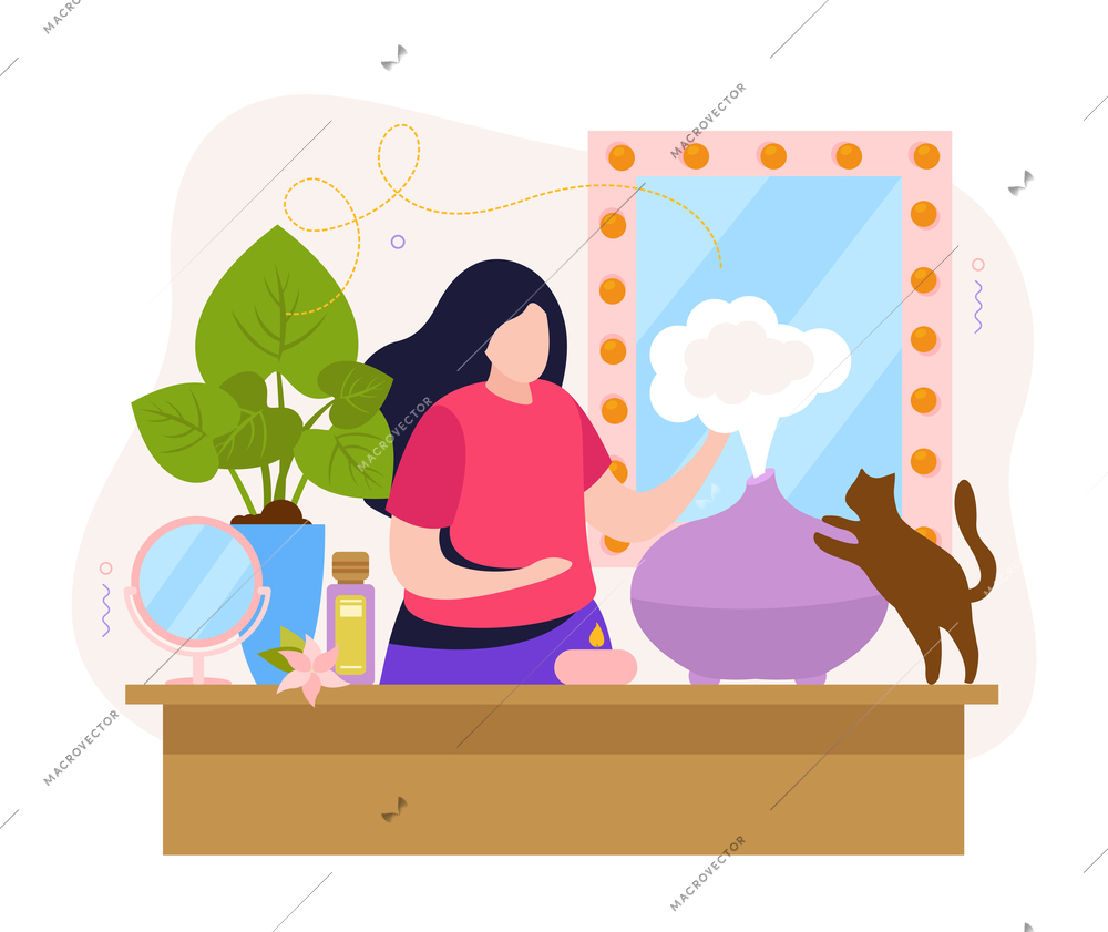 Woman in home interior using aromatherapy diffuser with essential oil fragrance flat color composition vector illustration