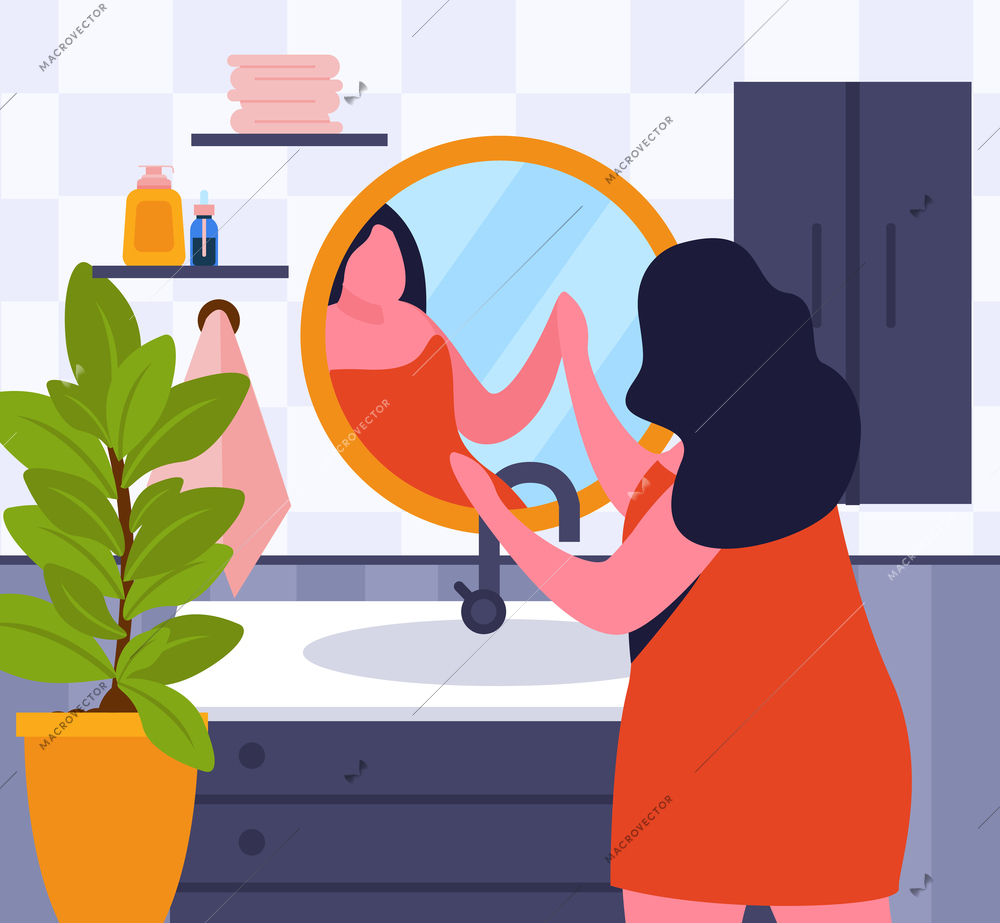 Bath time flat background with woman in bathroom interior in front of mirror vector illustration