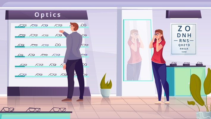 A man and a woman selecting a frame for optics flat vector illustration