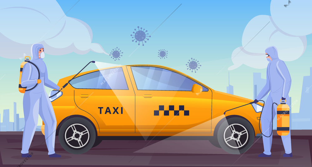 Masked people disinfecting the yellow taxi car flat vector illustration