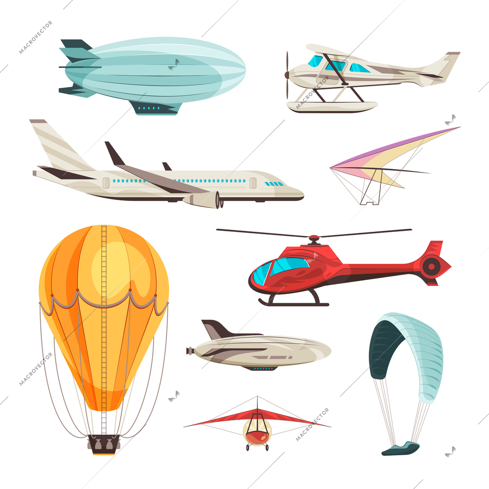 Different types of civil air transport side view set flat vector illustration