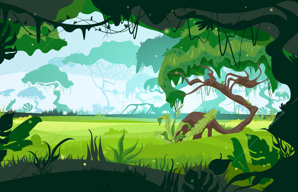 The landscape of the savannah opens up through the jungle flat vector illustration