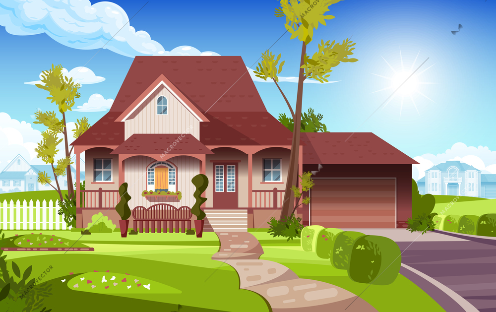 View of the front yard of the suburban country house flat vector illustration