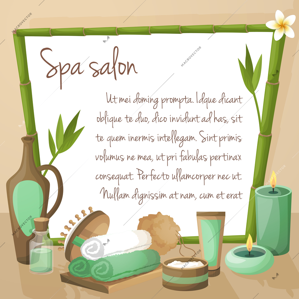 Spa salon background with bamboo frame and therapy products vector illustration