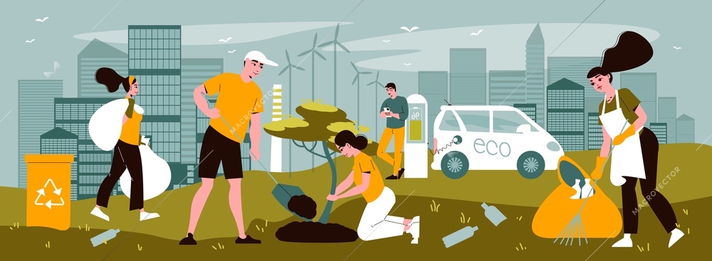 Volunteers caring for ecology collecting garbage in city area planting trees charging electric car flat vector illustration