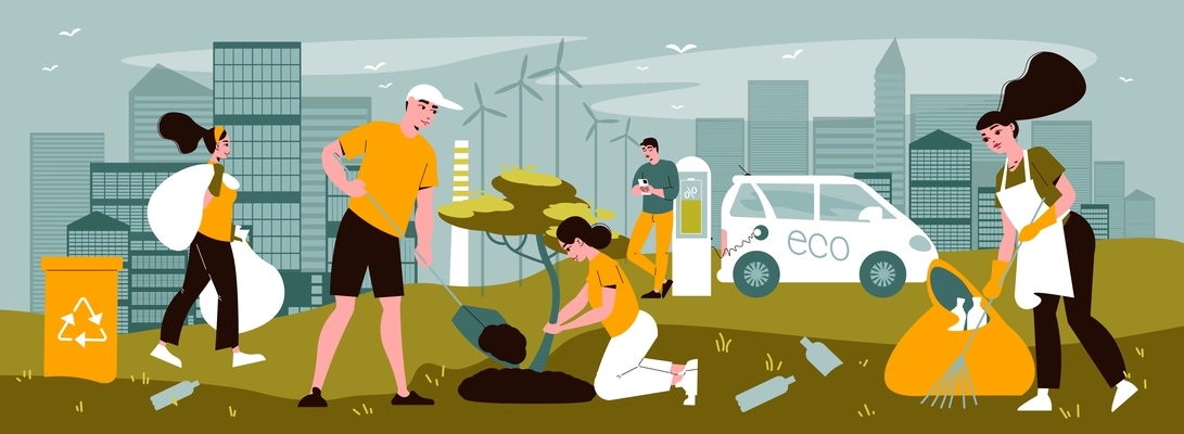 Volunteers caring for ecology collecting garbage in city area planting trees charging electric car flat vector illustration