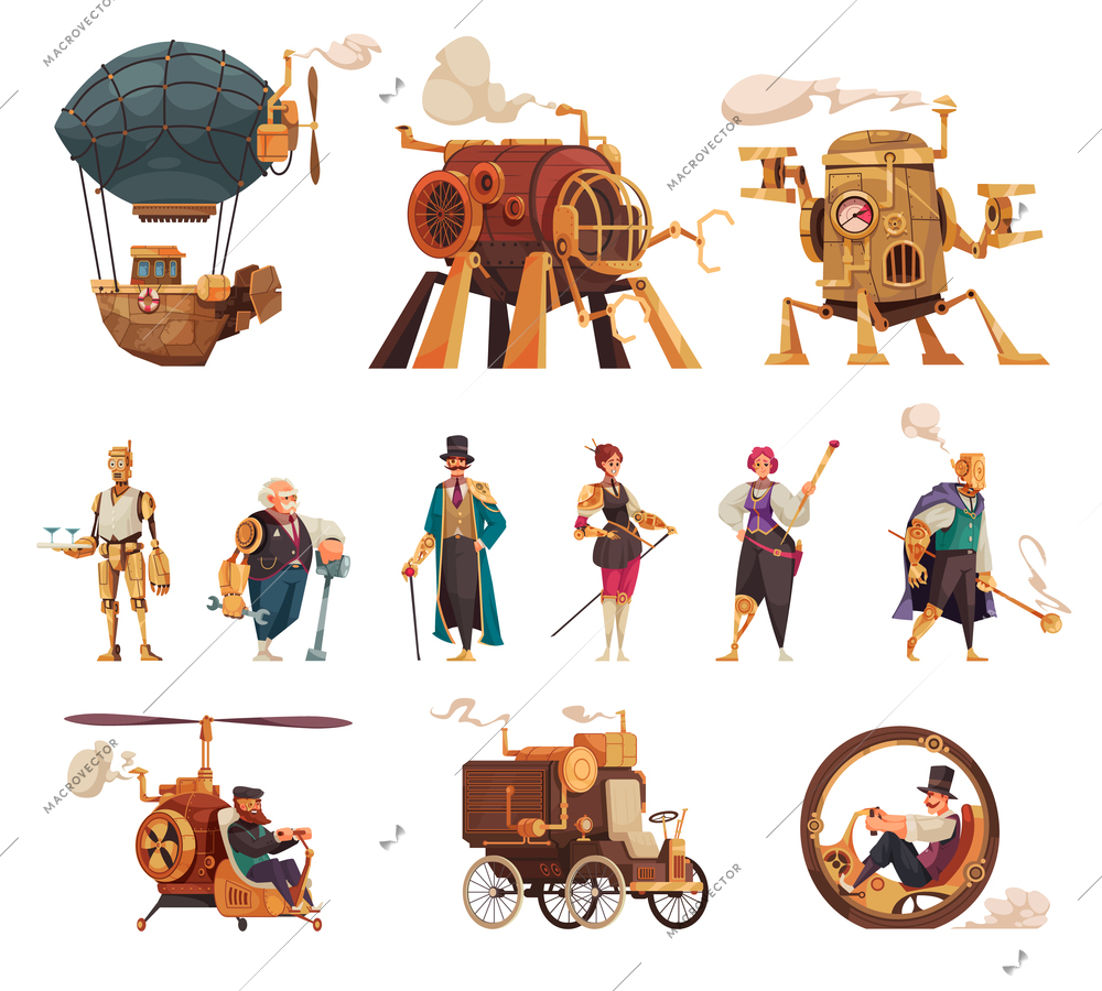 Steampunk vintage technology icons set with cartoon characters and vehicles isolated vector illustration