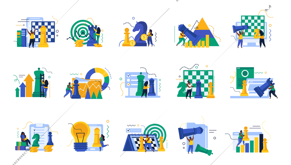 Business strategy recolor set with chess and idea symbols flat isolated vector illustration