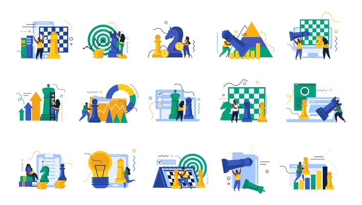 Business strategy recolor set with chess and idea symbols flat isolated vector illustration