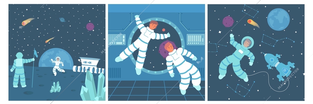 Astronaut set of three square compositions with flat characters of cosmonauts in outer space and spacecraft vector illustration