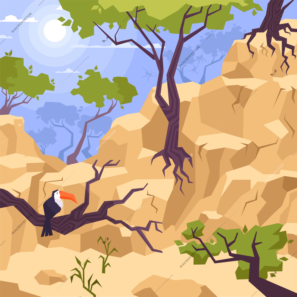 Mountain landscape background with trees rocks sky and toucan vector illustration