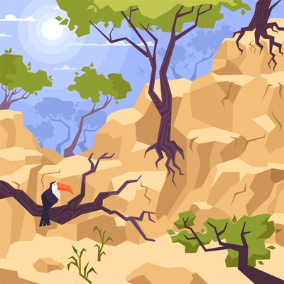 Mountain landscape background with trees rocks sky and toucan vector illustration