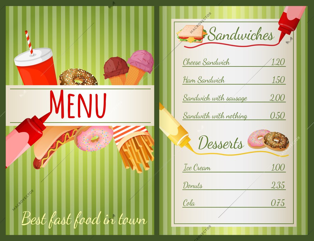 Fast food restaurant menu with sandwiches and desserts vector illustration