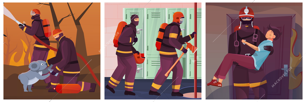 Firefighters set of three square compositions with views of fighting fire saving people and firefighting station vector illustration