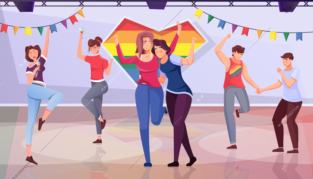 Lgbt party flat background with funny young people participating in gathering vector illustration