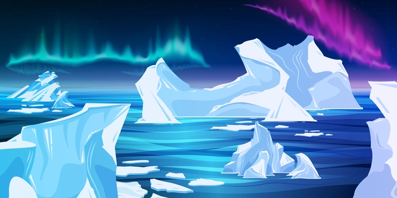 Arctic ocean colored cartoon composition with blue icebergs and purple northern lights vector illustration