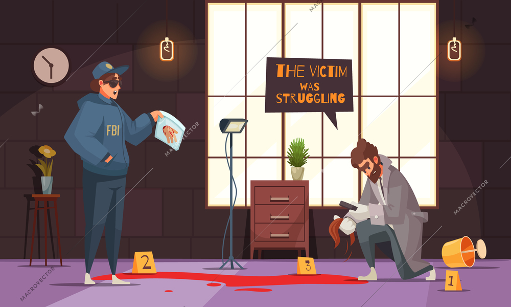 Crime scene investigation cartoon composition with detective and police officer examining victims blood stain evidence vector illustration