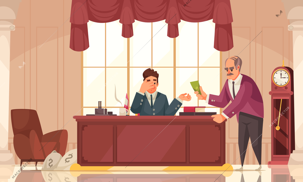 Dirty money corruption crime cartoon composition with bribing major executive official in his office vector illustration