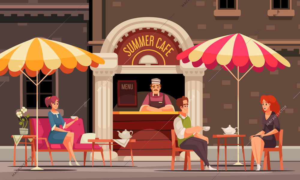 Summer cafe coffee shop street catering service counter with menu board customers drinking tea outdoor vector illustration