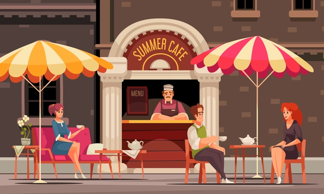 Summer cafe coffee shop street catering service counter with menu board customers drinking tea outdoor vector illustration