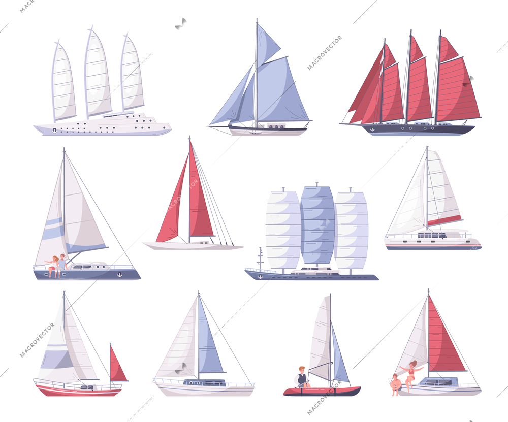 Set of yachting cartoon icons with isolated images of yachts of various size on blank background vector illustration