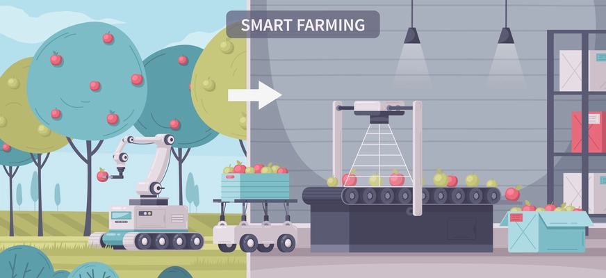 Smart farming cartoon composition with text and views of outdoor garden and conveyor with automated machines vector illustration