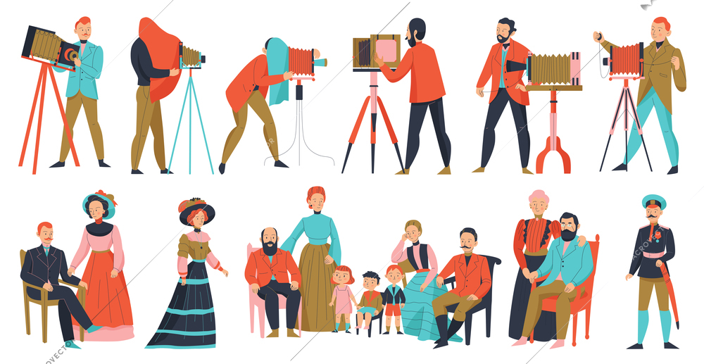 Vintage professional photographer color set with cameras and posing isolated vector illustration