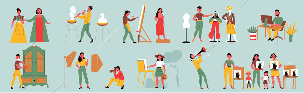 Creative professions color set with artist musician and singer flat isolated vector illustration