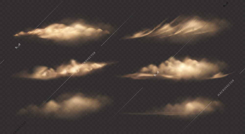 Dust clouds realistic set with isolated images of dusty clouds of different shape on transparent background vector illustration