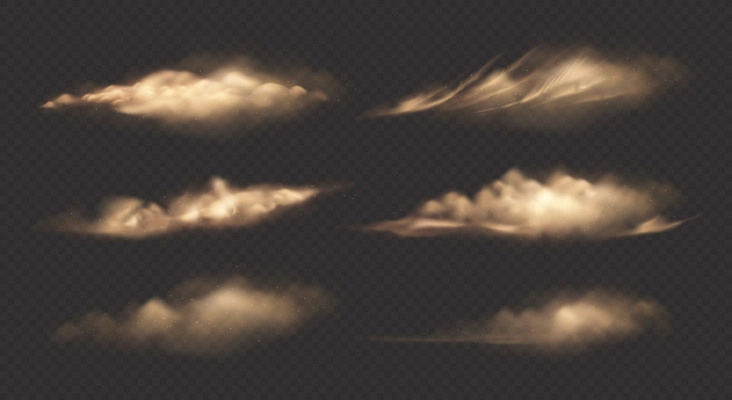 Dust clouds realistic set with isolated images of dusty clouds of different shape on transparent background vector illustration