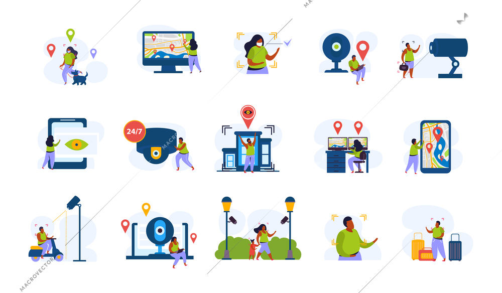 City video monitoring flat recolor set with isolated characters of people under smart surveillance system icons vector illustration