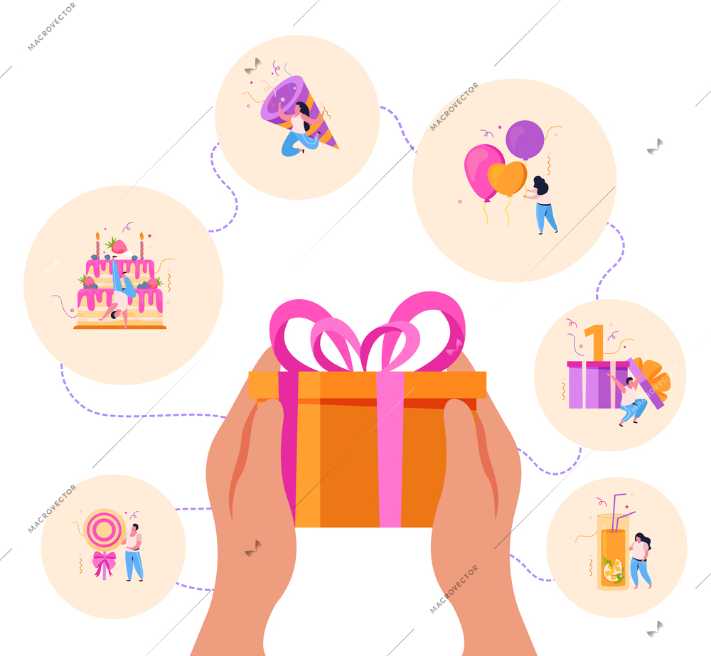 Birthday flat background composition with hands holding gift box surrounded by circle icons of festive people vector illustration