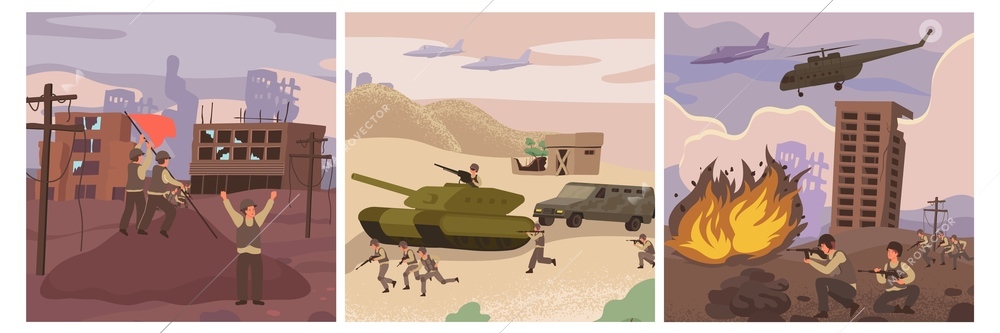 Three flat war icon set with victory military offensive and the battle vector illustration