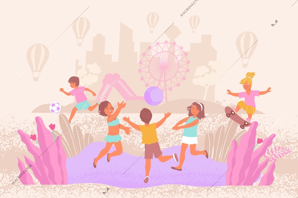 Child entertainment flat concept with children have fun and play on the playground in groups and individually vector illustration