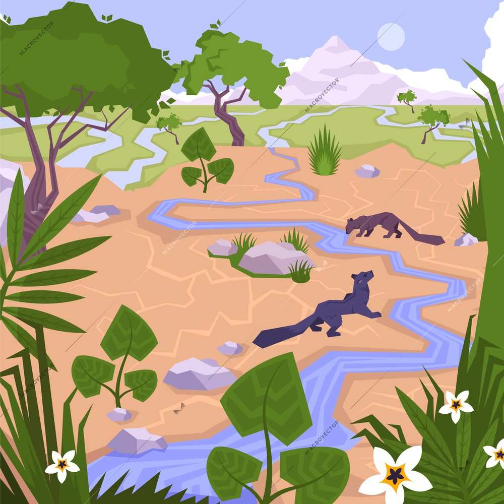 Flat landscape colored concept with a spring or a small river in the jungle vector illustration