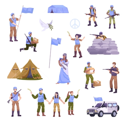 Peacekeepers flat isolated icon set with symbols of peace large flags military with weapons food and in cars tent cities