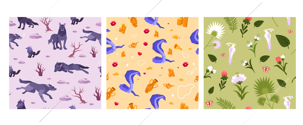 Three squares animal flat pattern with a pack of wolves running a snake guarding the treasure and different flowers vector illustration