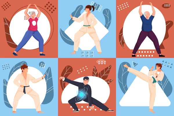 Martial arts compositions flat set with people of different ages in sport wear executing various exercises vector illustration