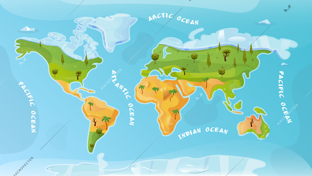 World map flat background with arctic pacific atlantic indian ocean  inscription vector illustration