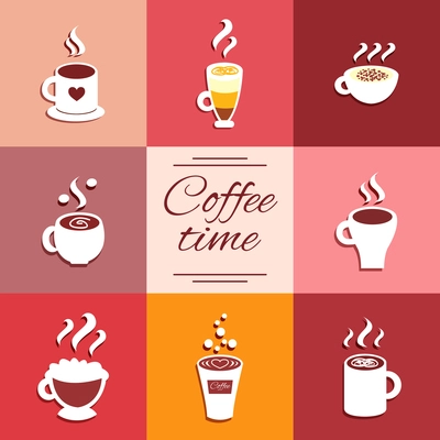 Collection of cup icons with hot coffee drinks espresso latte and cappuccino vector illustration