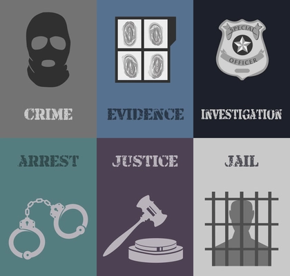 Police crime evidence investigation mini posters with arrest jail justice isolated vector illustration