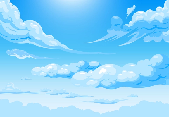 Sky cloud daily illustration with cartoon cirrus and cumulus white clouds in rays of sun vector illustration