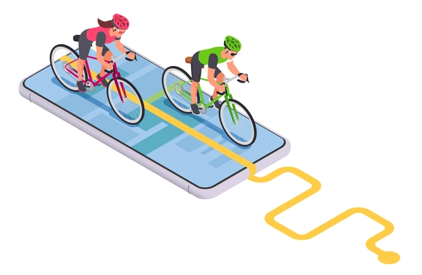 Cycling sport isometric concept with time and route symbols vector illustration