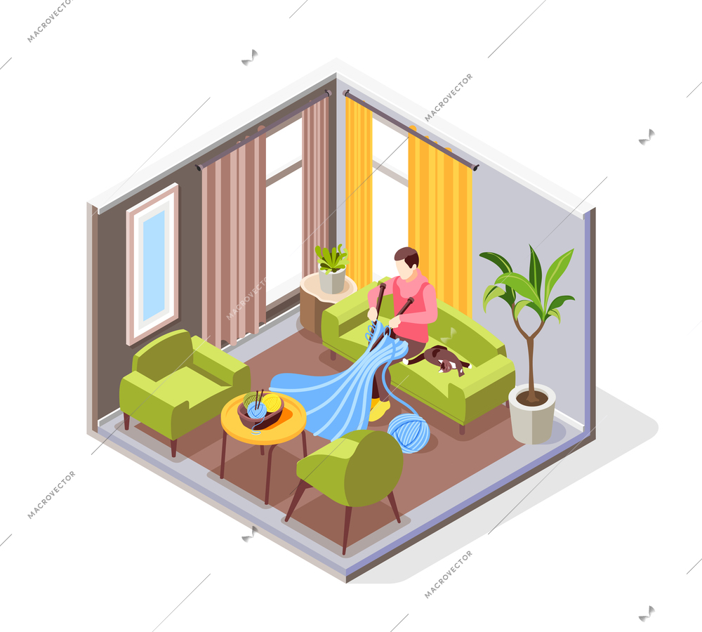 Isometric character knitting in cozy living room while sitting on sofa with cat 3d vector illustration