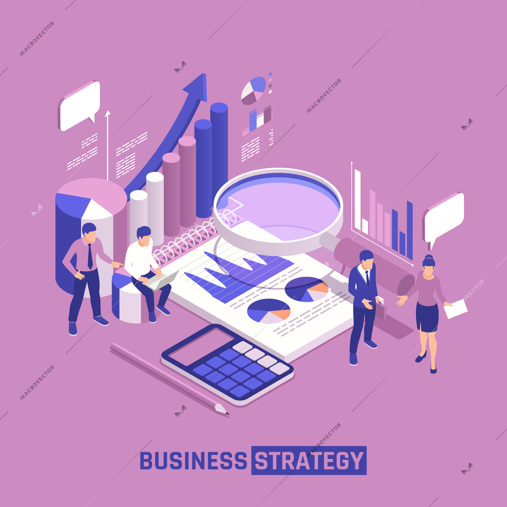 Business intelligence poster with stationery isometric icons and team of creative people discussed business strategy vector illustration